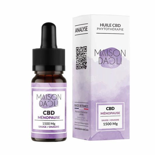 Photo d'un flacon de 10 ML d'huile CBD spécial MENOPAUSE 1500MG avec Sauge & Onagre - WALDOS LEGEND & MAISON DAOLI